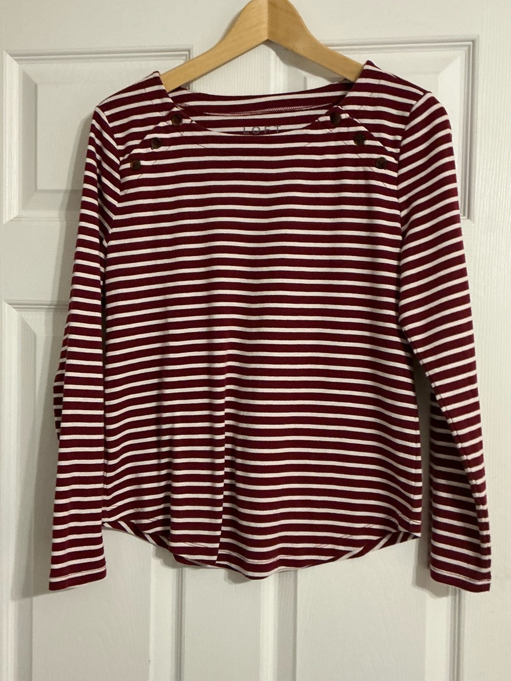 LOFT Burgundy and White Striped Long-Sleeve Top in Large